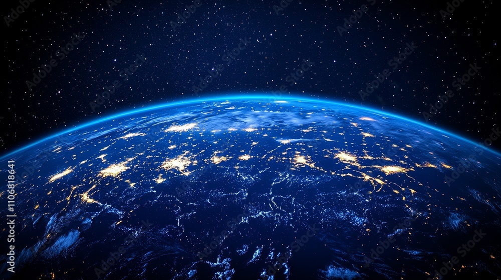 Obraz premium Earth at Night, Illuminated by City Lights and Stars
