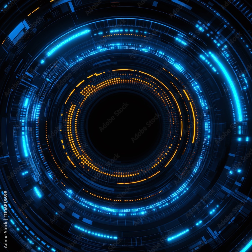 Abstract Tech Background with Circular Patterns in Blue and Orange Light Effects Creating a Futuristic Atmosphere Abstract Tech Background with Circular Patterns in Blue and Orange Light Effects Creating a Futuristic Atmosphere
