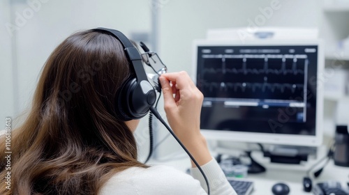 A clinical audiologist conducting hearing tests in an audiology clinic, with audiometric testing equipment and hearing assessment room visible, Audiology assessment style photo