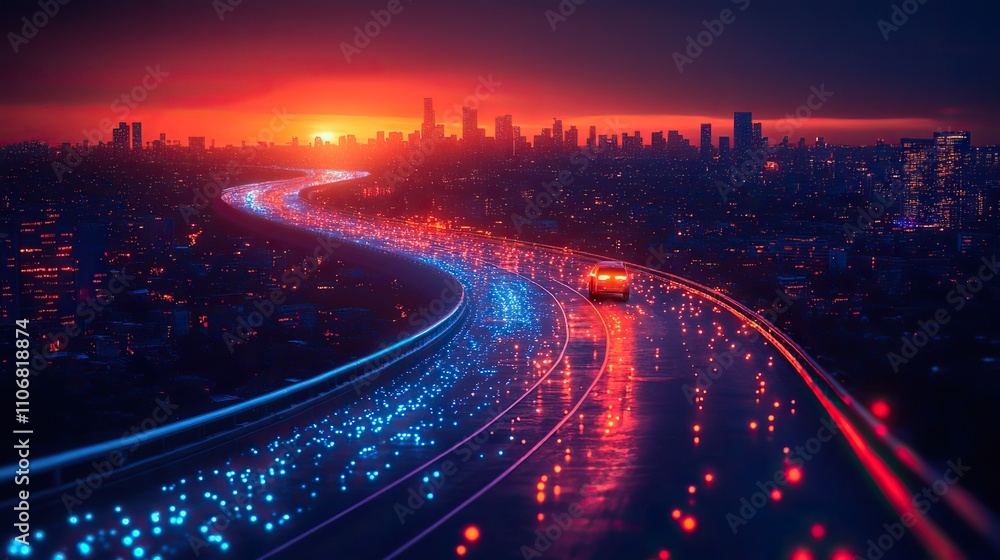 A driverless car navigates urban streets at night, showcasing autonomous technology in action A driverless car navigates urban streets at night, showcasing autonomous technology in action