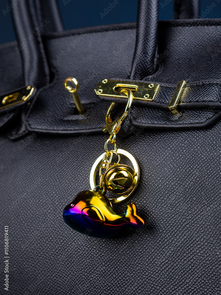 Naklejka premium Close up of cute black whale keychain on bag on blue background