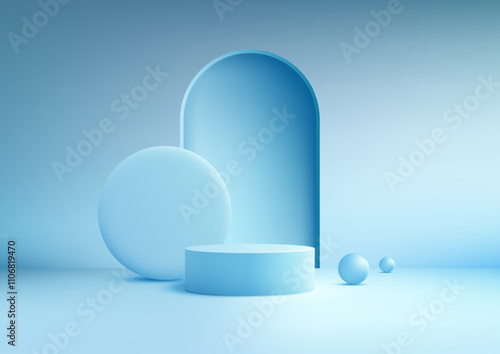 3d blue podium with arched doorway and spheres in a minimal design modern showcase for product display or mockup