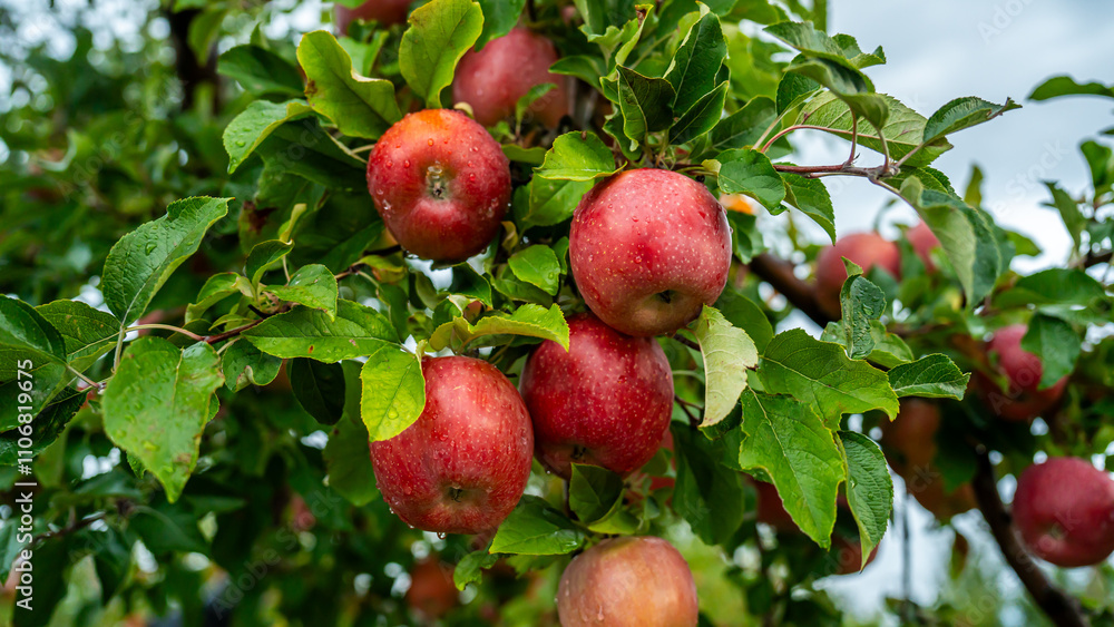 An apple farm during harvest season in a rainy day, concept of sustainable agricultural farming. Ripe Red and green apple. Abundance and juicy fruit full. Hirosaki Apple Park in Japan. An apple farm during harvest season in a rainy day, concept of sustainable agricultural farming. Ripe Red and green apple. Abundance and juicy fruit full. Hirosaki Apple Park in Japan.