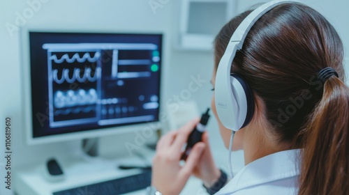 A clinical audiologist conducting hearing tests on a patient in an audiology clinic, with audiometric testing equipment and hearing healthcare setting visible, Audiology style
