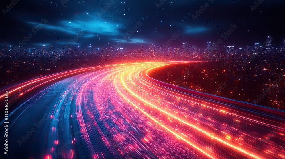 A fast-paced cityscape with light trails on the highway, representing dynamic urban movement A fast-paced cityscape with light trails on the highway, representing dynamic urban movement