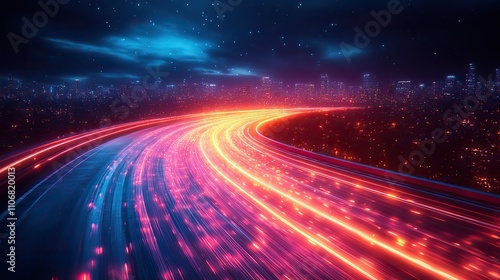 A fast-paced cityscape with light trails on the highway, representing dynamic urban movement