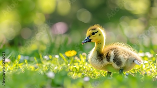 Little gosling playing with grass in a sunny garden 