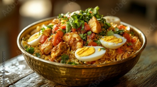 Hydrabadi biryani served in a round brass bowl on a wooden table. photo