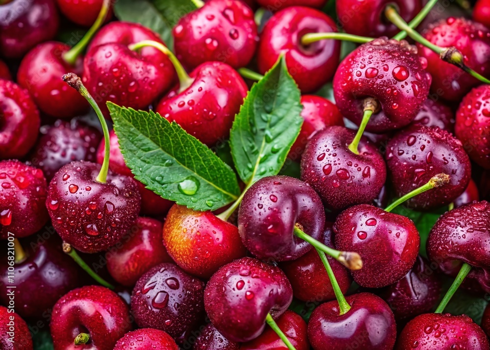 Close-Up Drone Photography of Ripe Cherries with Water Drops, Highlighting Summer Harvest and Cooking Potential for Juices and Desserts, Emphasizing Freshness and Vibrant Colors Close-Up Drone Photography of Ripe Cherries with Water Drops, Highlighting Summer Harvest and Cooking Potential for Juices and Desserts, Emphasizing Freshness and Vibrant Colors