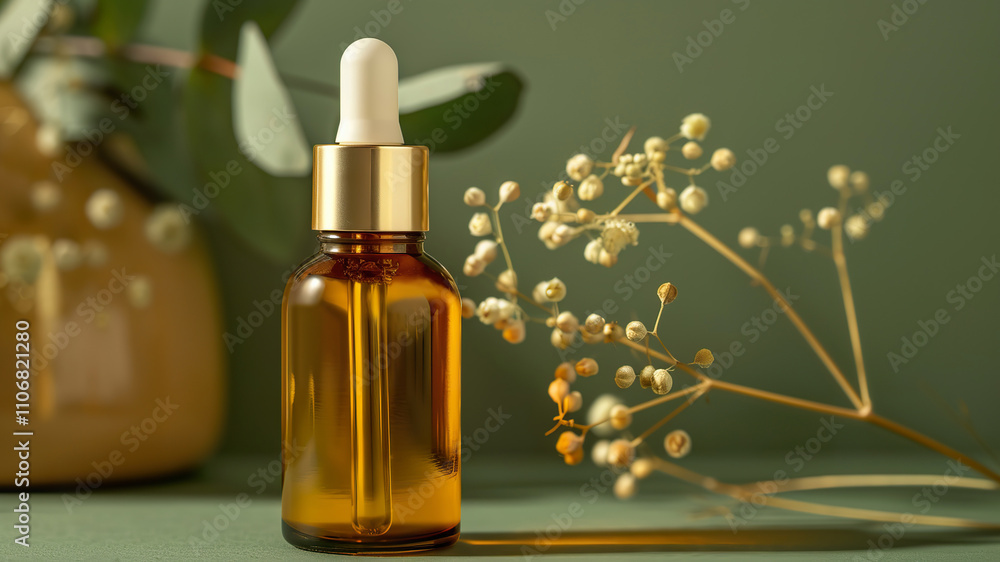 Amber glass dropper bottle with dried flowers on green background Amber glass dropper bottle with dried flowers on green background