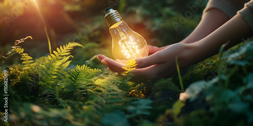 Hand Holding Glowing Light Bulb in Forest