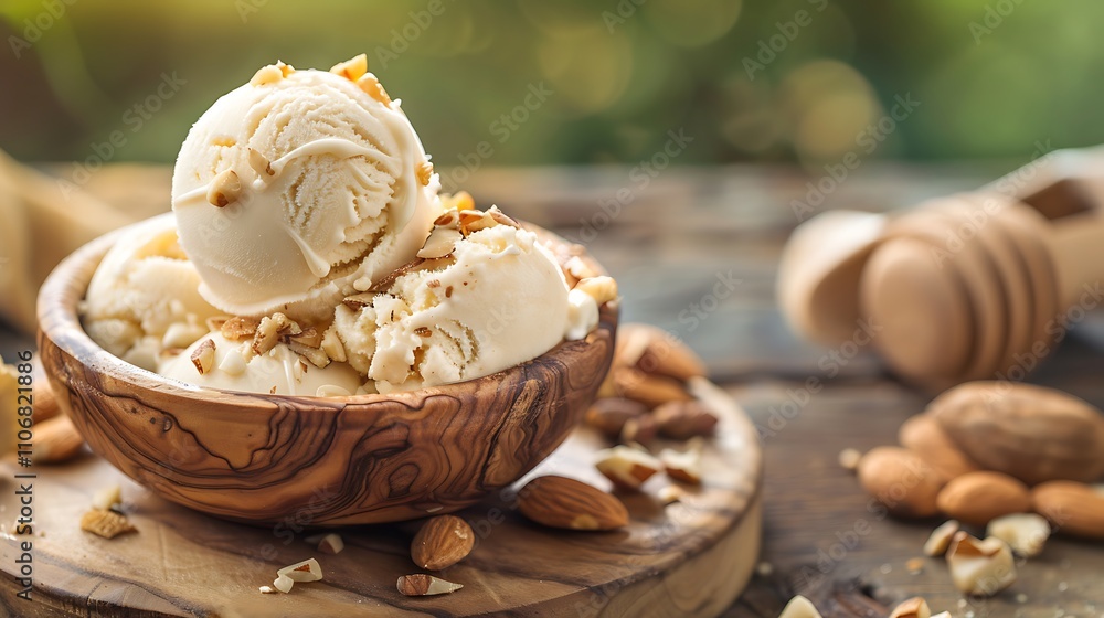 Honey almond ice cream with crushed almonds set on wooden board with nature background Honey almond ice cream with crushed almonds set on wooden board with nature background