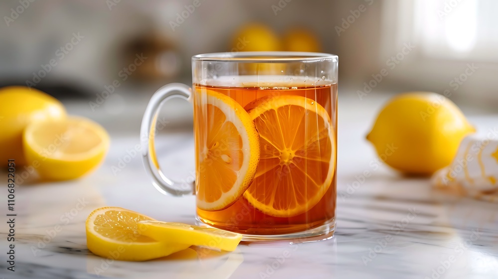 Honey lemon tea in clear mug with lemon slices Honey lemon tea in clear mug with lemon slices