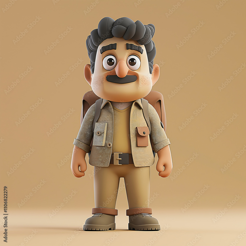 A delightful 3D cartoon character represents a geology professor wearing rugged khaki clothing A delightful 3D cartoon character represents a geology professor wearing rugged khaki clothing