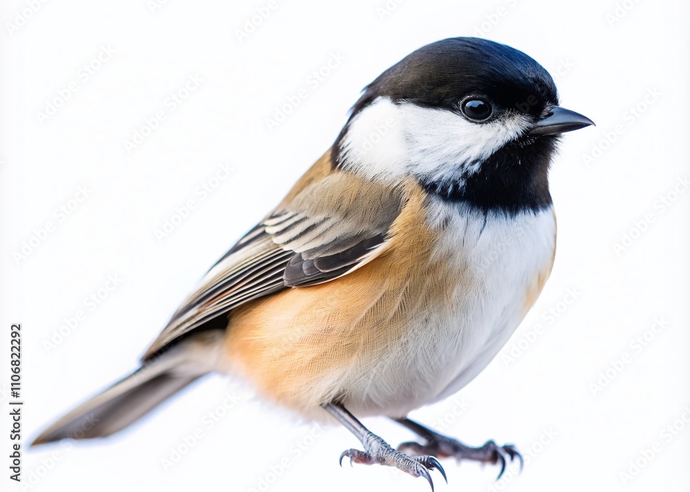 Close-Up of a Black-Capped Chickadee Bird Isolated on a White Background Showcasing Minimalist Aesthetic and Natural Beauty for Nature Enthusiasts and Bird Lovers Close-Up of a Black-Capped Chickadee Bird Isolated on a White Background Showcasing Minimalist Aesthetic and Natural Beauty for Nature Enthusiasts and Bird Lovers