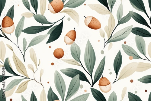 Forest Inspired Olive Branches and Acorns on Cream photo