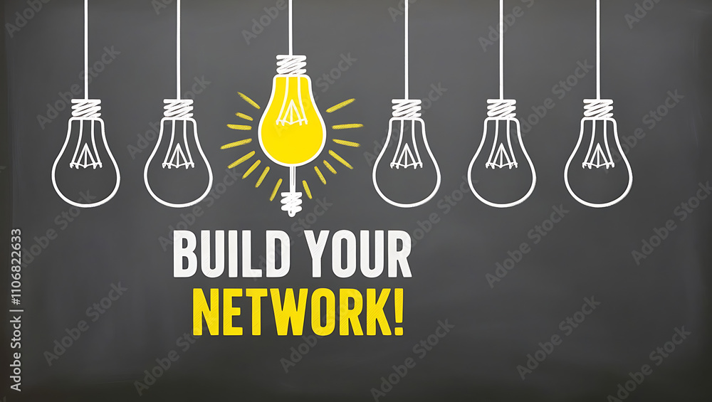 Light Bulb Outlines and 'BUILD YOUR NETWORK!' Motivational Text, digital network, team building, brainstorming, network development, professional growth, concept of innovation Light Bulb Outlines and 'BUILD YOUR NETWORK!' Motivational Text, digital network, team building, brainstorming, network development, professional growth, concept of innovation