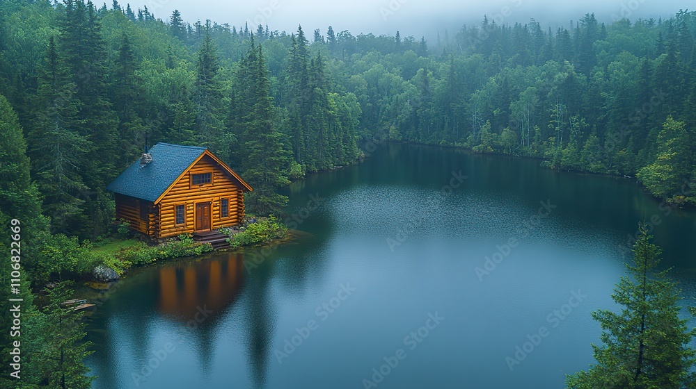 Fototapeta premium A forest lake and a cabin are seen from above in summertime