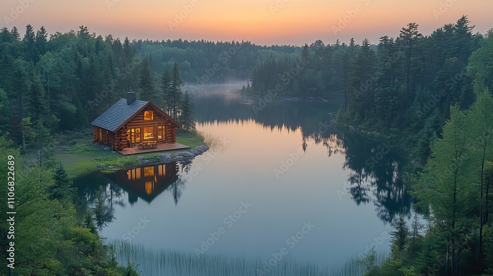 A forest lake and a cabin are seen from above in summertime