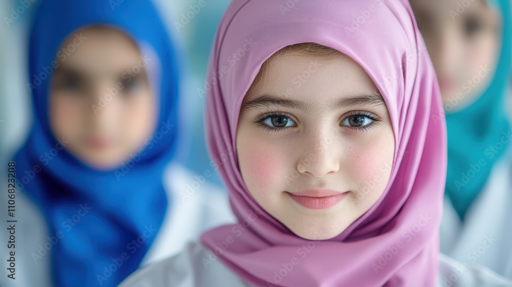Young Girl in Pink Hijab Education Science Islam Portrait Closeup Young Girl in Pink Hijab Education Science Islam Portrait Closeup