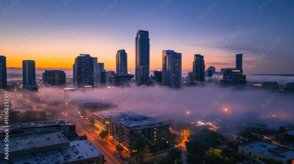Obraz premium A serene city skyline shrouded in fog at sunrise, showcasing urban architecture and tranquility.