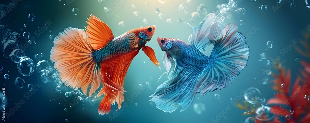 Fototapeta premium Two Siamese Fighting Fish Gracefully Swim Together