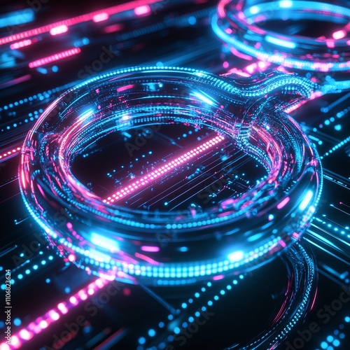 Futuristic Digital Abstract with Neon Light Rings and Glowing Circuit Patterns in High-Tech Environment