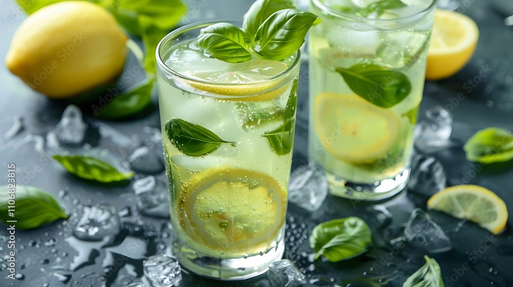 Lemon basil soda in tall glass with ice cubes Lemon basil soda in tall glass with ice cubes