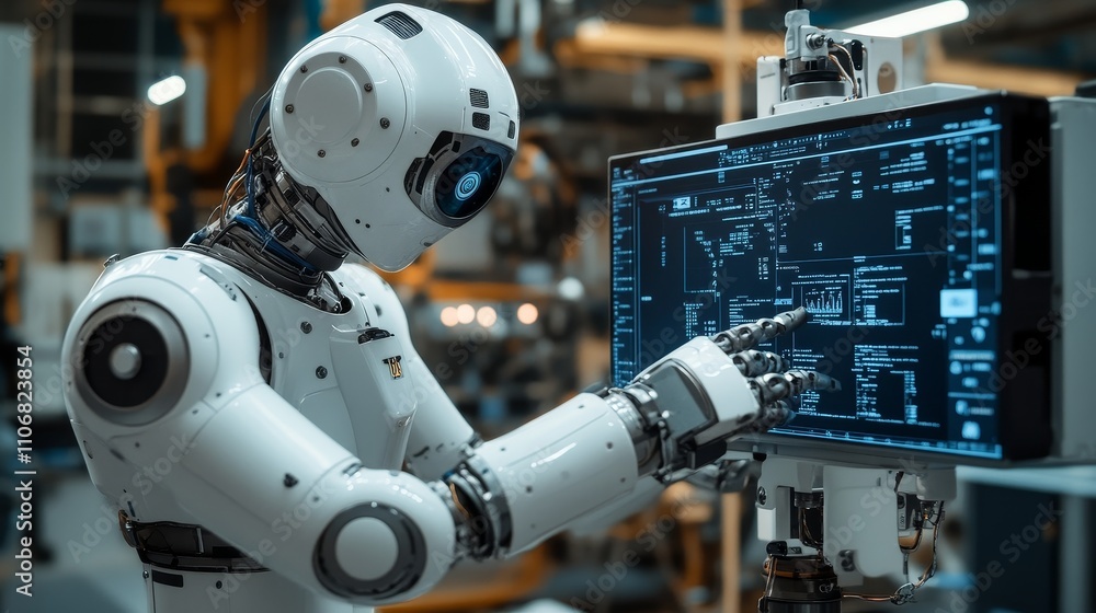An advanced humanoid robot interacting with a digital display in a technological environment An advanced humanoid robot interacting with a digital display in a technological environment