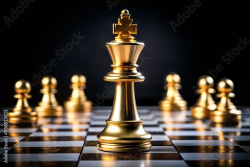 Close-Up of a Golden Chess King Piece on a Chessboard, Symbolizing Strategy and Competition in a Game of Intellect and Skillful Planning for Chess Enthusiasts