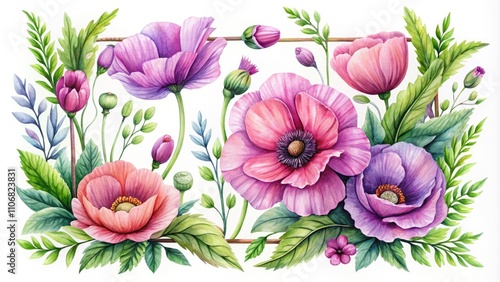 Wallpaper Mural Vintage Style Botanical Illustration of Pink and Purple Poppy Flowers with Spring Leaves in Watercolor Frame for Fashion and Art Design Torontodigital.ca