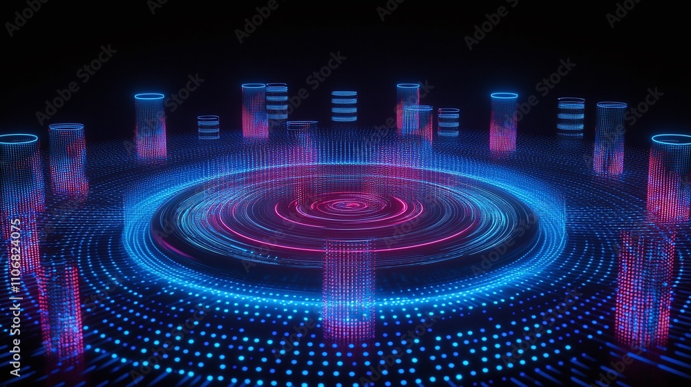 Fototapeta premium Futuristic Digital Landscape with Glowing Cylinders and Pulsating Light Effects in Neon Blue and Pink Colors