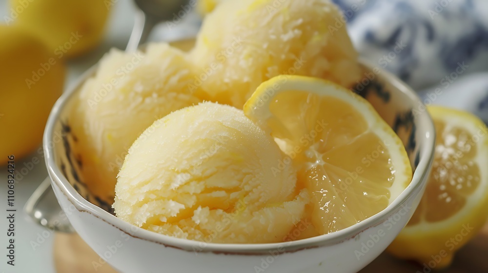 Lemon sorbet in bowl with candied lemon slices Lemon sorbet in bowl with candied lemon slices