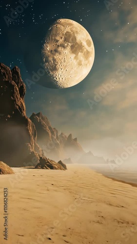 A Majestic Night on the Beach: Captivating Moon Over the Serene Sandy Coastline