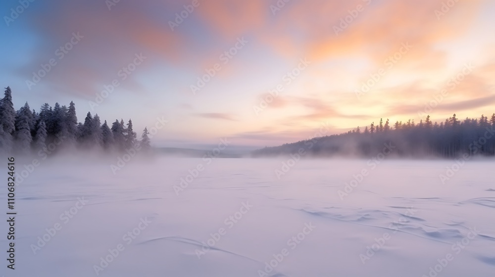Winter Sunrise Over Foggy Frozen Lake And Trees Winter Sunrise Over Foggy Frozen Lake And Trees
