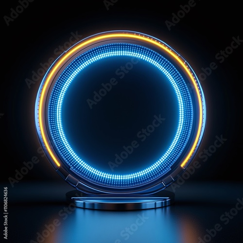 Futuristic Neon Circle Portal with Bright Blue Light and Orange Accents in Dark Space Background