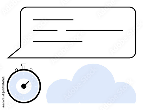 Stopwatch and speech bubble against a cloud backdrop. Ideal for time management, communication, efficiency, productivity, deadlines, task management, organization. Line metaphor