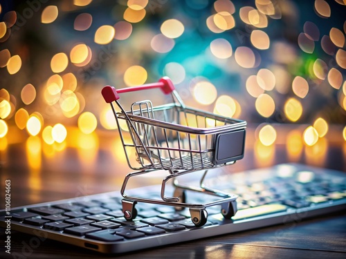 Closeup of a Miniature Shopping Cart on a Keyboard, Illustrating the Rise of Online Shopping and Digital Commerce Trends in the Modern Retail Landscape