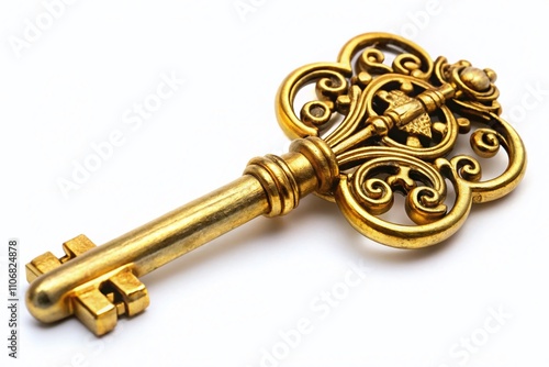 Closeup of an Elegant Vintage Gold Key Isolated on a White Background, Showcasing Intricate Details and Timeless Charm for Unique Decorative Elements and Antique Collections