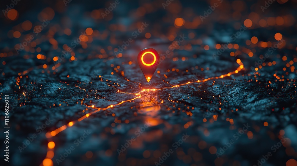 A glowing pin on an interactive map with route wires branching out, illustrating futuristic navigation and travel planning A glowing pin on an interactive map with route wires branching out, illustrating futuristic navigation and travel planning
