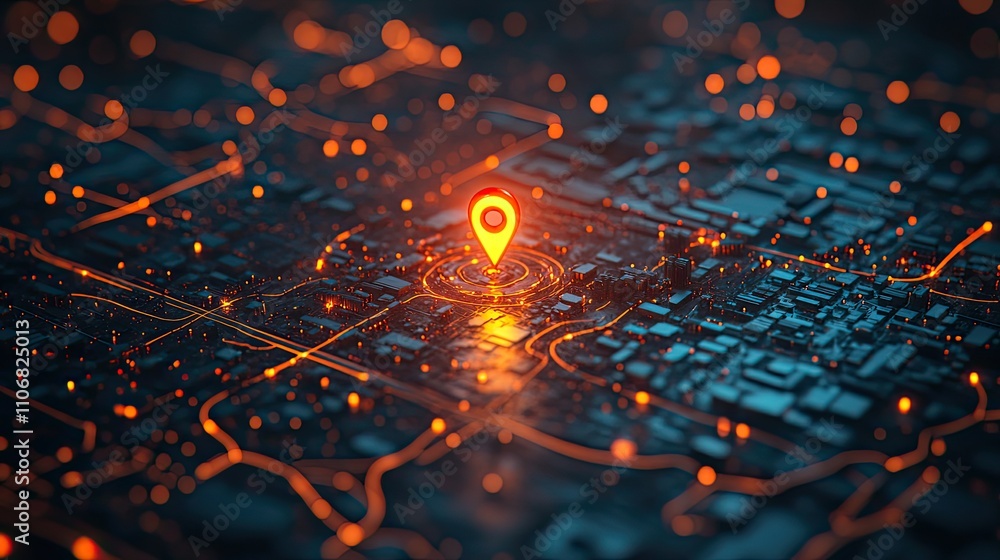 A glowing pin on an interactive map with route wires branching out, illustrating futuristic navigation and travel planning A glowing pin on an interactive map with route wires branching out, illustrating futuristic navigation and travel planning