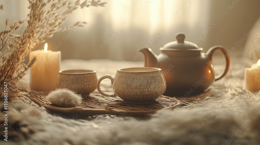 custom made wallpaper toronto digitalA serene tea setting with a teapot, cups, candles, and soft textures for relaxation.