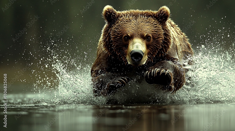 Brown bear running through water, splashing. Powerful, wild, nature, forest, wildlife, animal, mammal, brown, grizzly,  bear,  predator,  dangerous,  speed,  motion,  action,  splash,  water, 
