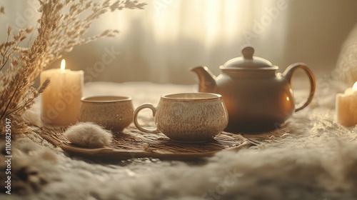 Wallpaper Mural A serene tea setting with a teapot, cups, candles, and soft textures for relaxation. Torontodigital.ca