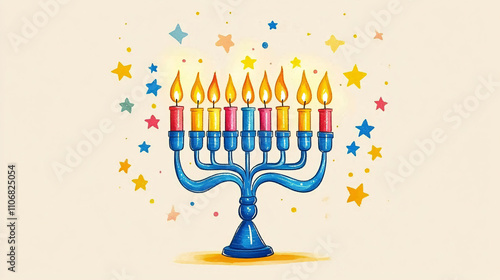 A festive menorah illustration with vibrant candles, ideal for Hanukkah celebrations, invitations, and greeting cards, set against a light beige backdrop.