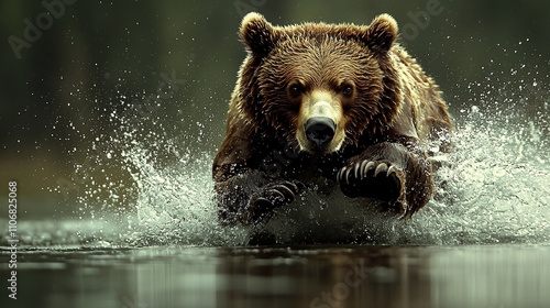 Brown bear running through water, splashing. Powerful, wild, nature, forest, wildlife, animal, mammal, brown, grizzly, bear, predator, dangerous, speed, motion, action, splash, water, 