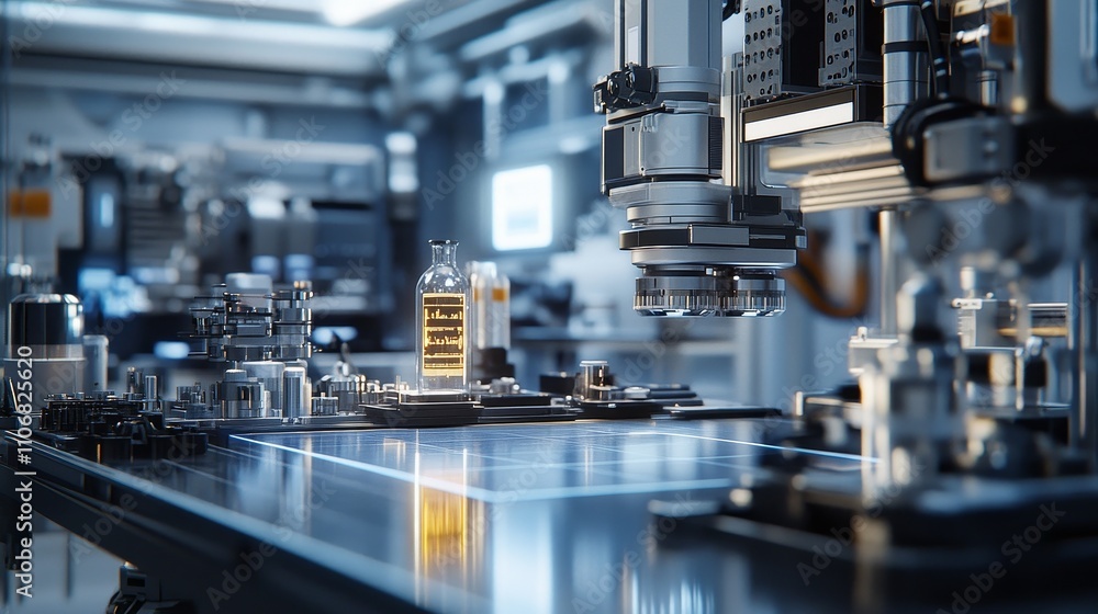 Close-up of a robotic arm and manufacturing equipment on an assembly line Close-up of a robotic arm and manufacturing equipment on an assembly line
