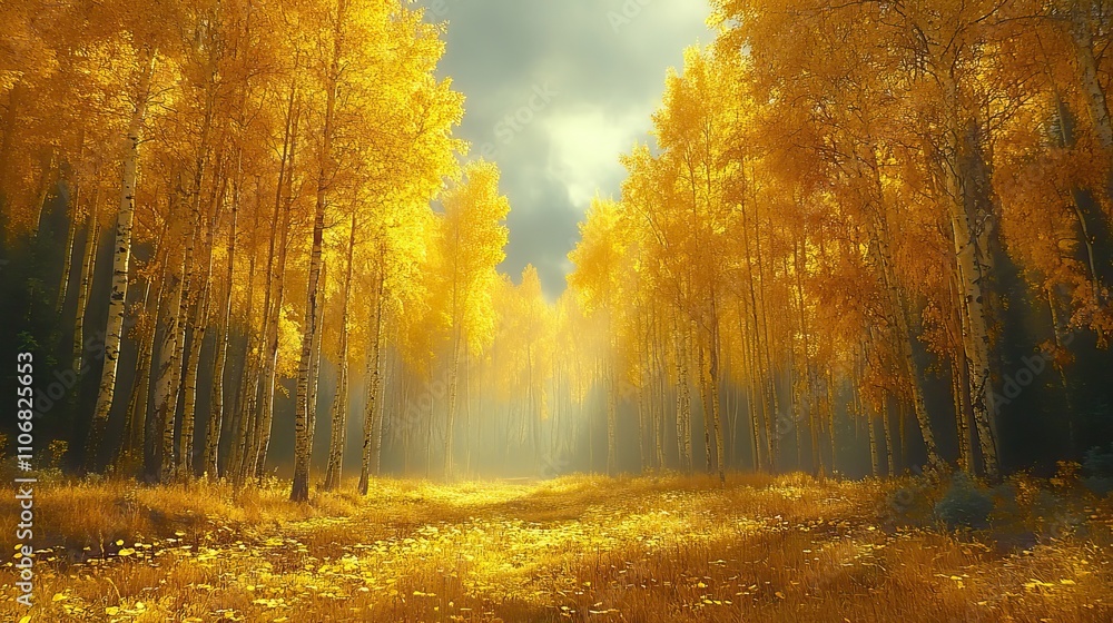 Fototapeta premium A golden autumn forest with tall trees and sunlight filtering through the yellow leaves, creating a tranquil setting
