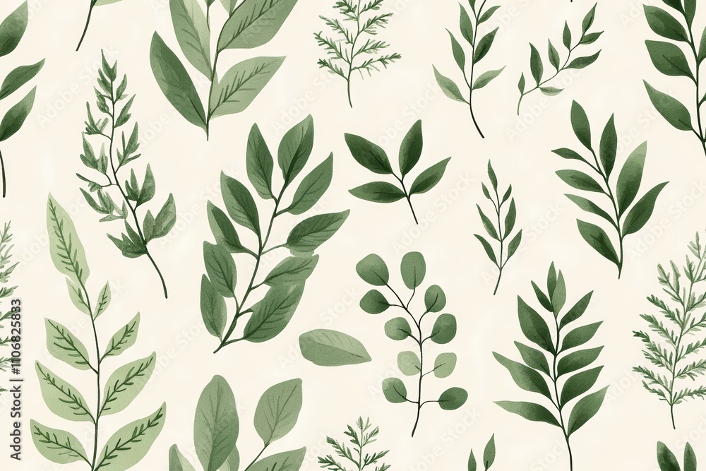 Fototapeta premium Delicate Fern and Eucalyptus Leaves on Light Beige