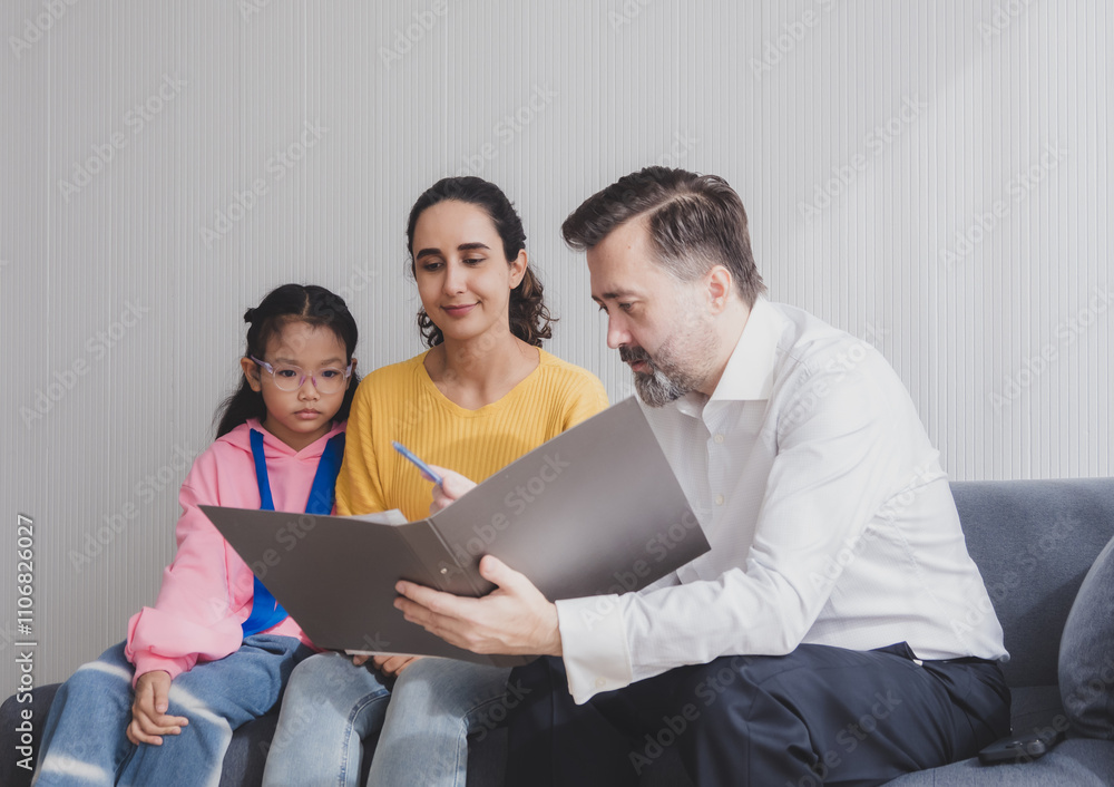 Mother latin woman and daughter sit sofa with man business caucasian sitting three pason talk giving advice and think analyze look insurance, investment and financial documents in agreement in room Mother latin woman and daughter sit sofa with man business caucasian sitting three pason talk giving advice and think analyze look insurance, investment and financial documents in agreement in room